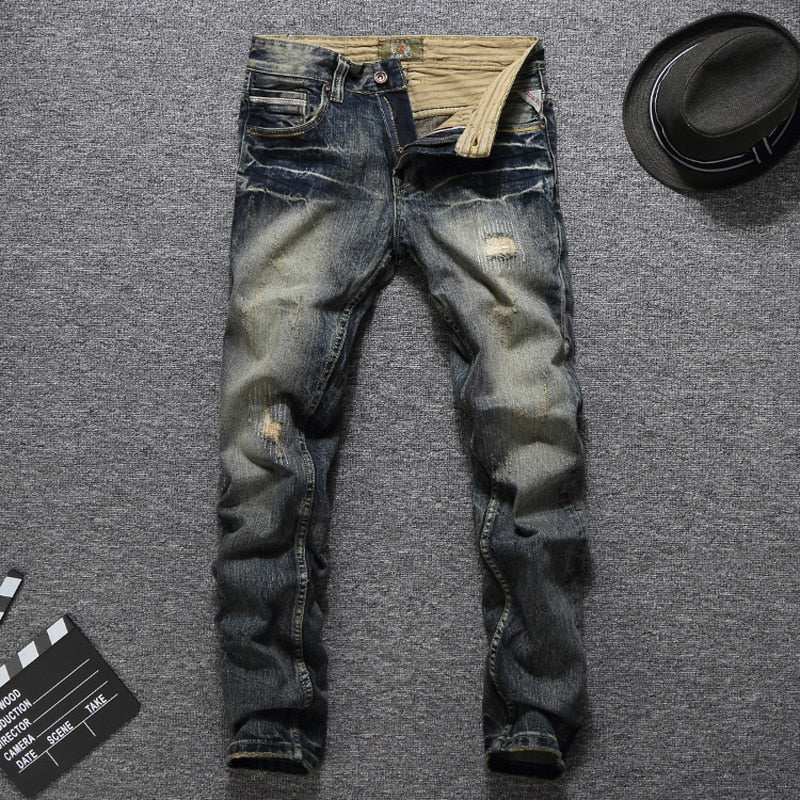 Men Jeans Vintage Retro Style Slim Fit Ripped Jeans